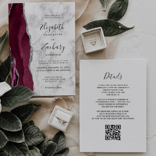 Invitation Mariage du code QR du marbre d'agate argenté de Bo