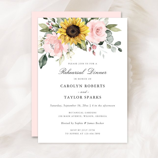 Invitation Mariage du dîner de répétition floral Blush Sunflo (Créateur téléchargé)