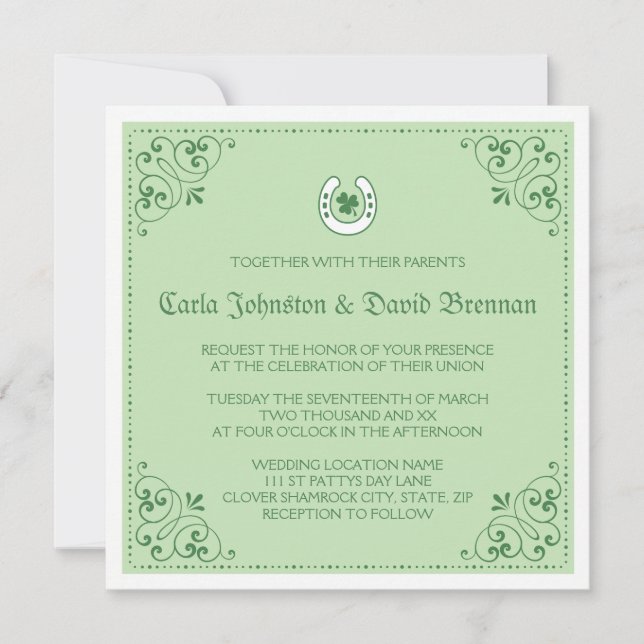Invitation Mariage du jour de St Patrick vert en fer à cheval (Devant)