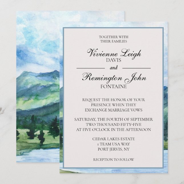 Invitation Mariage du lac d'aquarelle bleu bleu français (Devant / Derrière)