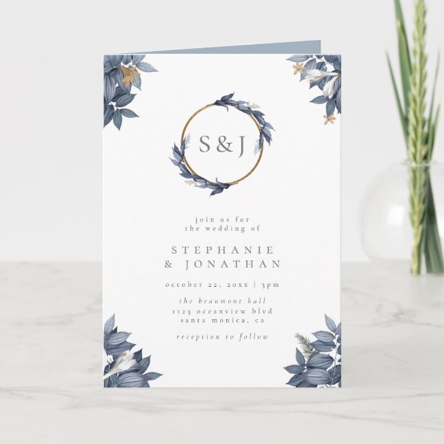 Invitation Mariage du monogramme Dusty Blue Feuilles & Gold P (Devant)