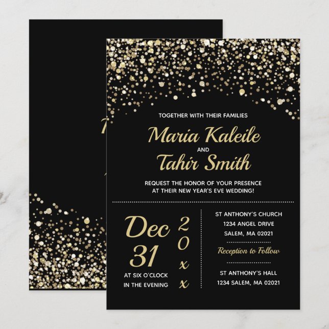 Invitation Mariage du Nouvel An à paillettes dorées (Devant / Derrière)
