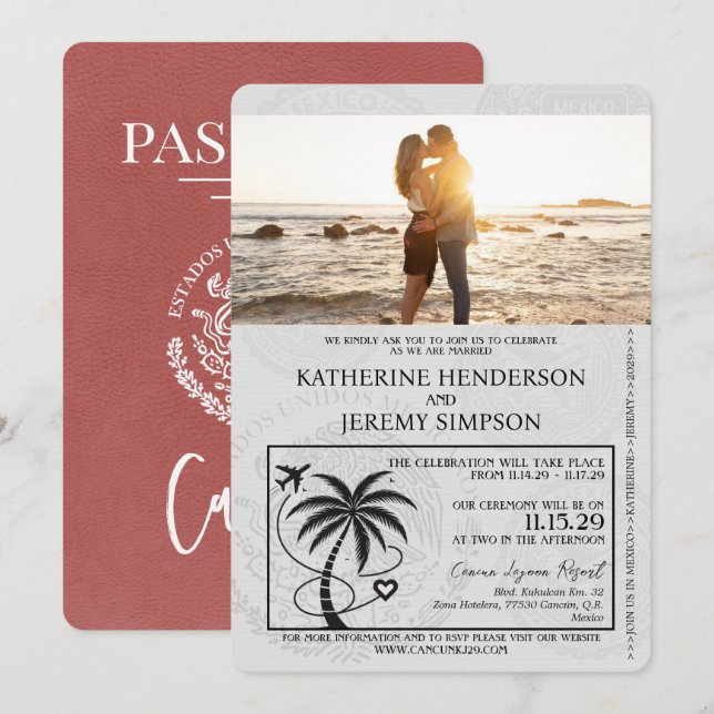 Invitation Mariage du passeport de Cancun en Bourgogne (Devant / Derrière)