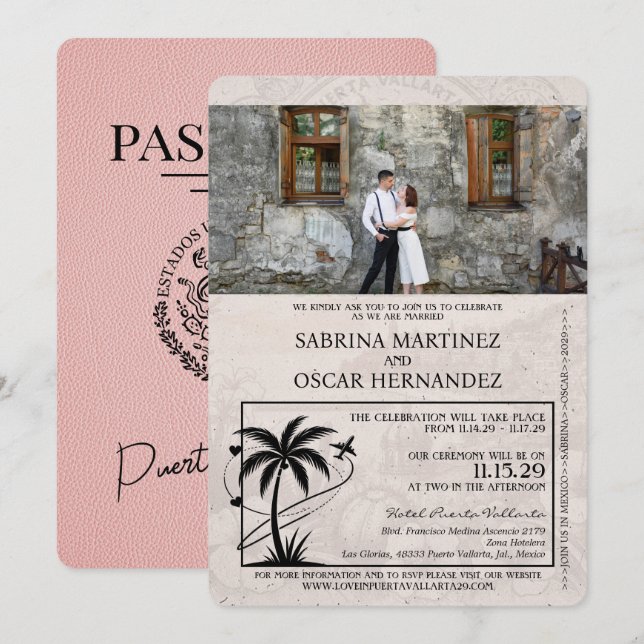 Invitation Mariage du passeport rose Puerta Vallarta (Devant / Derrière)