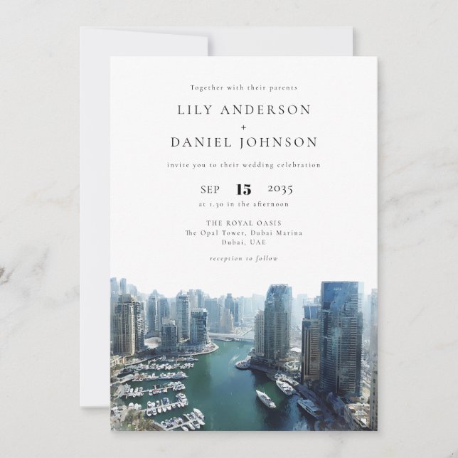 Invitation Mariage Dubai Skyline Aquarelle Code QR (Devant)