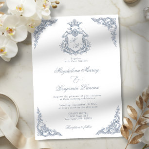 Invitation Mariage Dusty Blue Crest Monogramme Rouleaux Royau