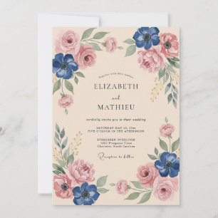 Invitation Mariage Dusty Blue Floral Blush