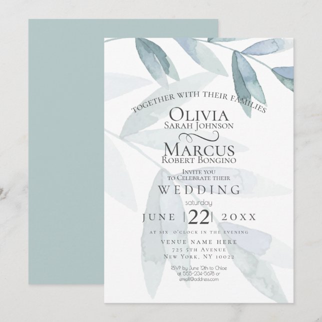 Invitation Mariage | Dusty Blue Watercolor Eucalyptus Feuille (Devant / Derrière)