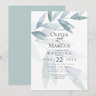 Invitation Mariage   Dusty Blue Watercolor Eucalyptus Feuille