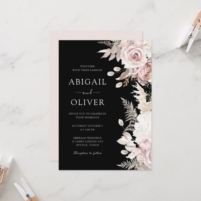 Invitation Mariage Dusty Rose, Blush & Black Elegance (Devant/Arrière en situation)