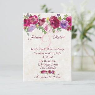 Invitation Mariage économique avec fleurs bordeaux et violett