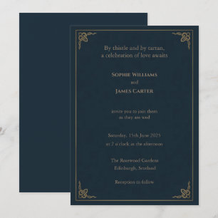 Invitation Mariage Écossais Thistle Tartan Bleu Nuit Or Cadre
