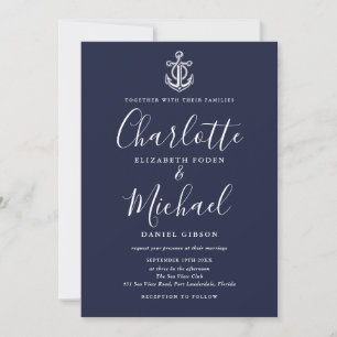Invitation Mariage écriture bleu marine et blanc d'ancre naut
