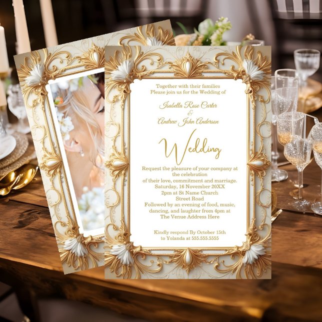 Invitation Mariage Elegance Crème Beige Gold Photo (Créateur téléchargé)