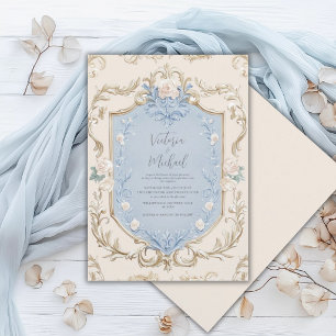 Invitation Mariage élégant à cadre doré floral bleu