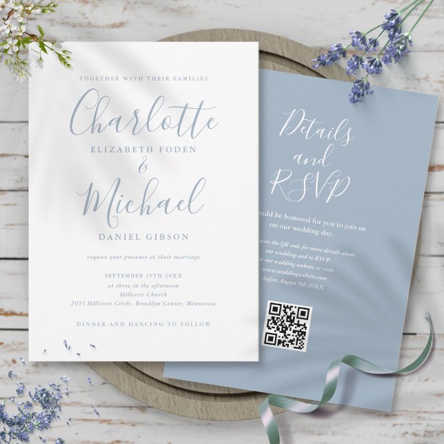 Invitation Mariage élégant à code QR en écriture poussiéreuse (Dusty Blue Elegant Script QR Code Wedding Invitation)