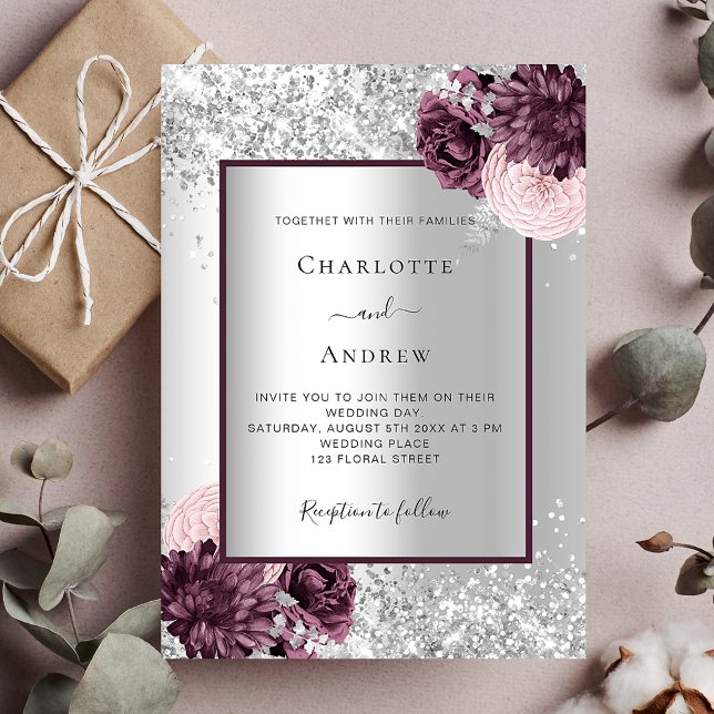 Invitation Mariage élégant à fleurs bordeaux argenté (Créateur téléchargé)