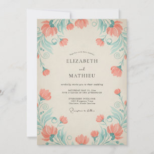 Invitation Mariage Élégant à la Bordure Florale de Corail