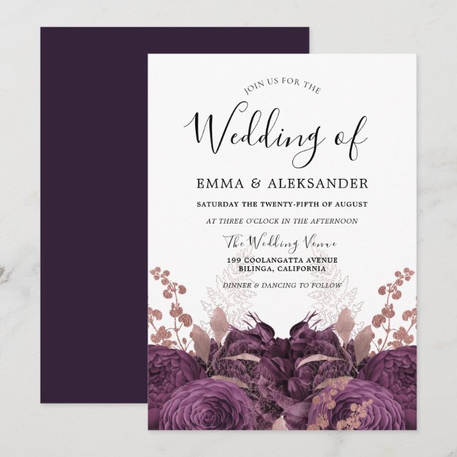 Invitation Mariage élégant à la florale bordeaux violet (Devant / Derrière)