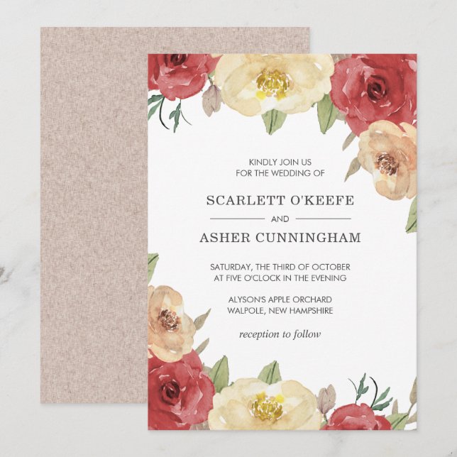 Invitation Mariage élégant à la florale rouge simple (Devant / Derrière)