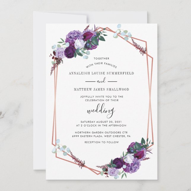 Invitation Mariage élégant à la florale violette botanique (Devant)
