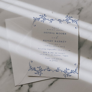 Invitation Mariage élégant à la ligne bleue botanique