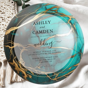 Invitation Mariage élégant à l'agate turquoise et or