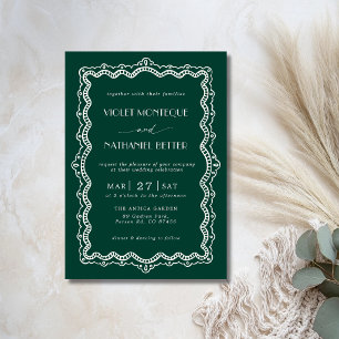Invitation Mariage élégant à l'ancienne blanc et émeraude en