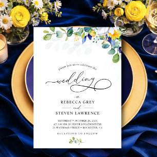 Invitation Mariage élégant à l'aquarelle jaune et bleu florau