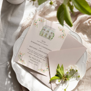 Invitation Mariage élégant à l'aquarelle Manoir Rococo