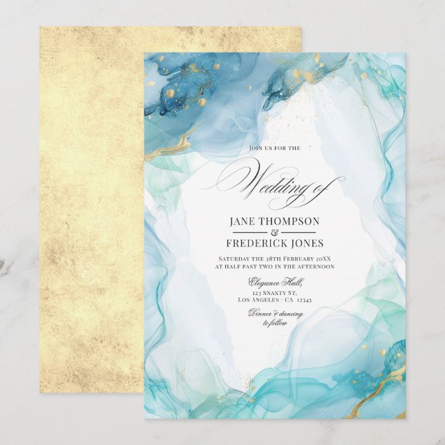 Invitation Mariage Élégant à l'Encre Bleue et Or sur Marbre (Devant / Derrière)