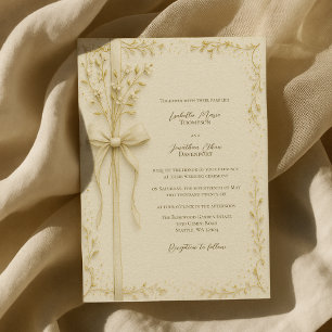 Invitation Mariage Élégant à l'Ivoire avec un Ruban et des Fl