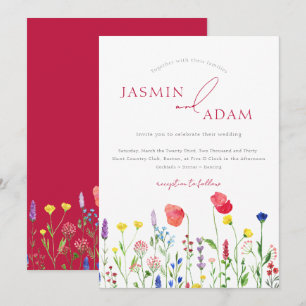 Invitation Mariage élégant à monogramme de fleur sauvage roug