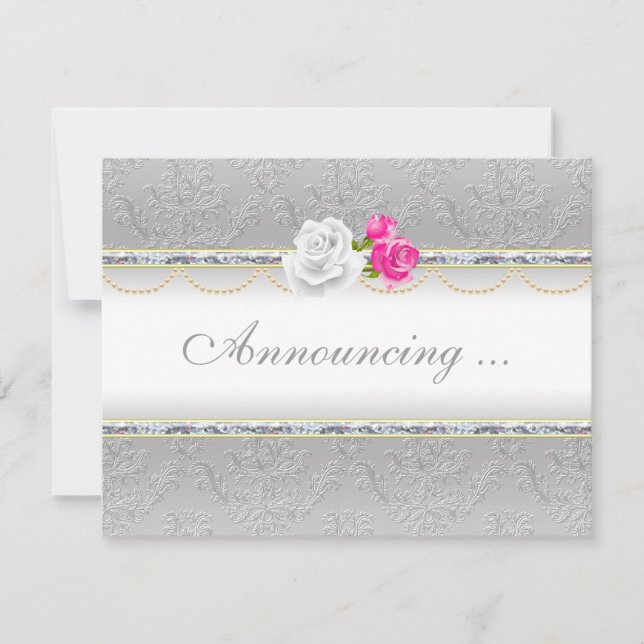 Invitation Mariage élégant à motif damassé argenté et rose ro (Devant)