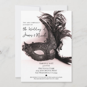 Invitation Mariage Élégant à Plumes Noires Mascarade Rouge