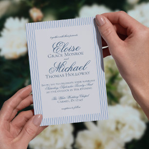 Invitation Mariage élégant à rayures bleues avec écriture Old