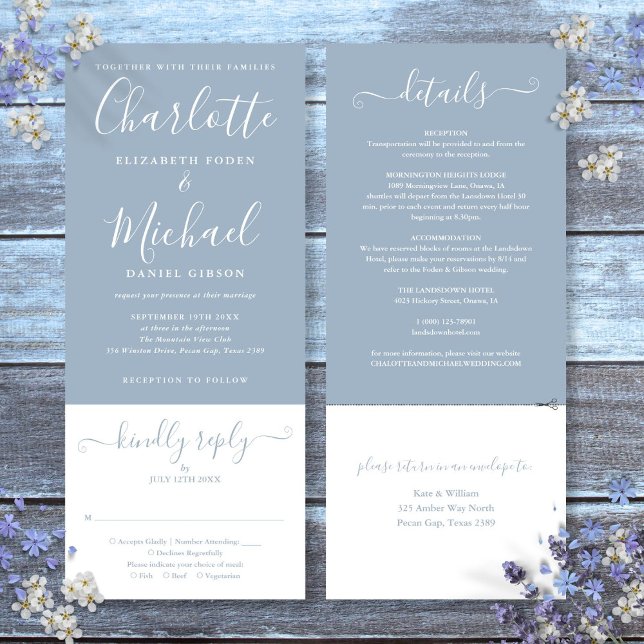 Invitation Mariage élégant à tout-en-un bleu poussiéreux avec (Dusty Blue Elegant Script All In One Wedding Invitation)