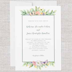 Invitation Mariage Élégant Aquarelle Floral Papillon Vert