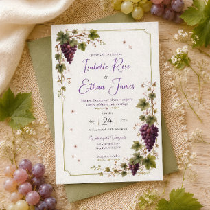Invitation Mariage Élégant Aquarelle Raisins Violets Vignoble