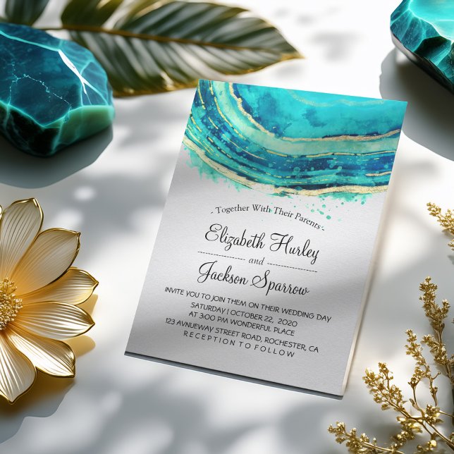 Invitation Mariage Elegant Aquarelle Turquoise & Gold Agate G (Créateur téléchargé)
