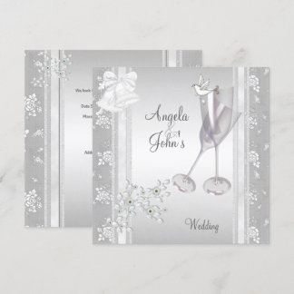 Invitation Mariage Élégant Argent Blanc Dentelle Floral