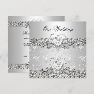 Invitation Mariage élégant Argent Blanc Diamant Coeur