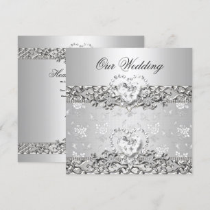 Invitation Mariage élégant Argent Blanc Diamant Coeur