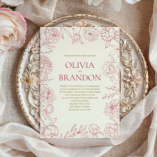 Invitation Mariage Élégant Art de Ligne de Bordure Fleurie de