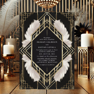 Invitation Mariage Élégant Art Déco à Plumes Noires et Dorées