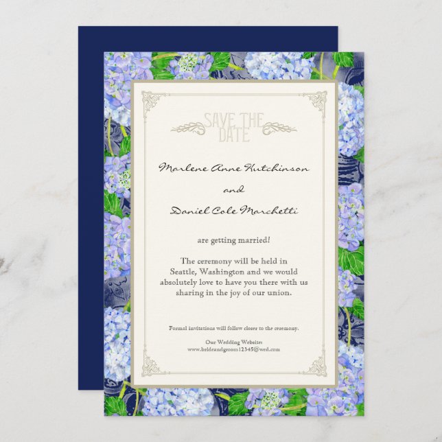 Invitation Mariage Élégant Art Déco Fleur Hydrangea Bleu (Devant / Derrière)