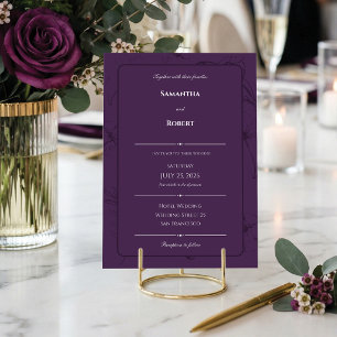 Invitation Mariage Élégant Art Linéaire Fleur Pourpre Prune