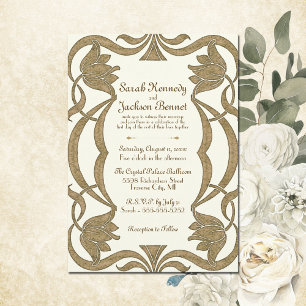 Invitation Mariage élégant Art Nouveau ivoire et or