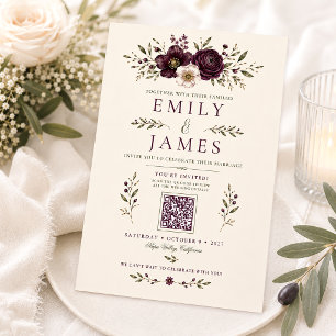 Invitation Mariage élégant au code QR botanique prune olive