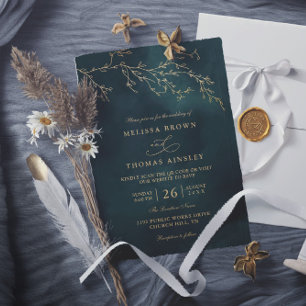 Invitation Mariage élégant au code QR botanique vert émeraude